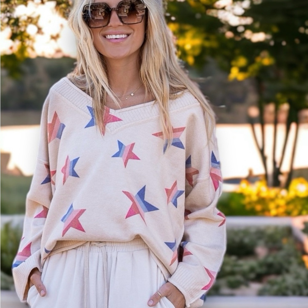 POL  Star Print Double V-Neck Sweater